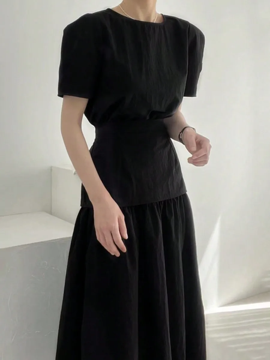 

Chic Summer Simple round Ne Color Bubble Sve irt High Waist Flared Skirt Set Polyester Fiber ort Sve round ...