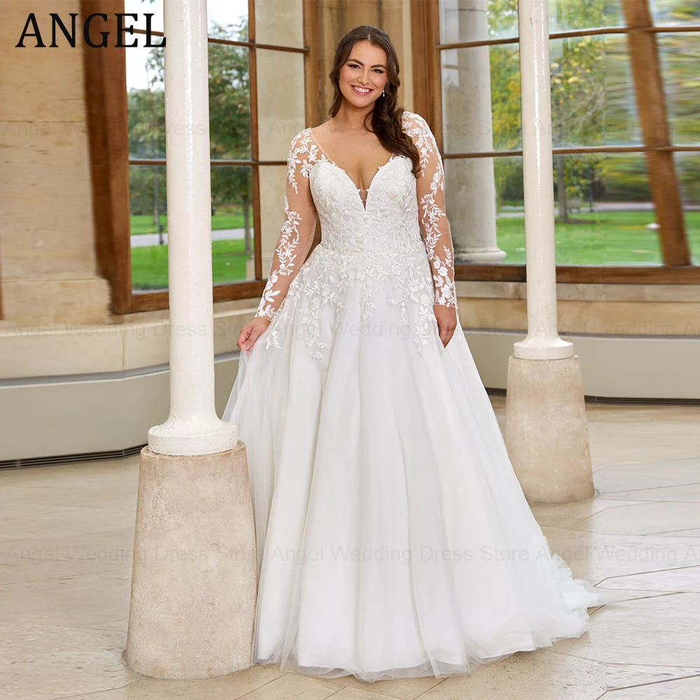 

ANGEL Pastrol Wedding Dresses Plus Size Long Sleeves Lace Up Bride Gowns Applique A-Line Tulle V-Neck vestido de noiva