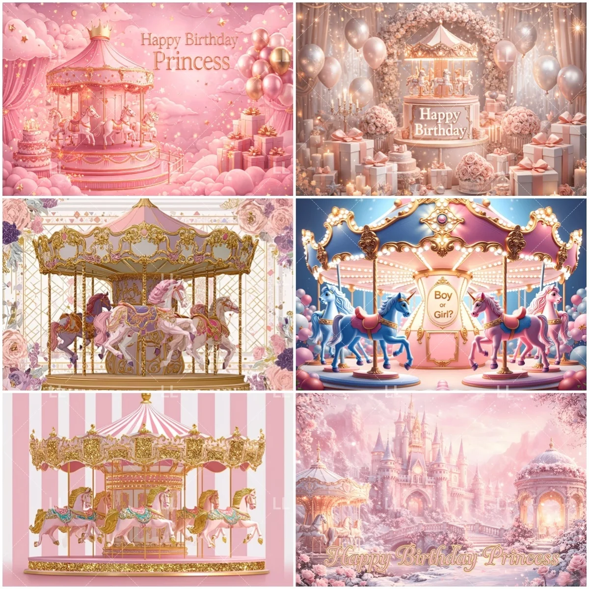 

Pink Arousel Background Girl Princess Castle Party Backdrop Children's Day Gender Reveal Birthday Wedding Baby Shower Decor Prop