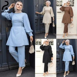 Mode frauen Muslimischen Bluse Hose Set Frühling Herbst Lange Ärmel Damen Islamischen Anzug Slim Fit Muslimischen Kleidung Großhandel RIMAIRE