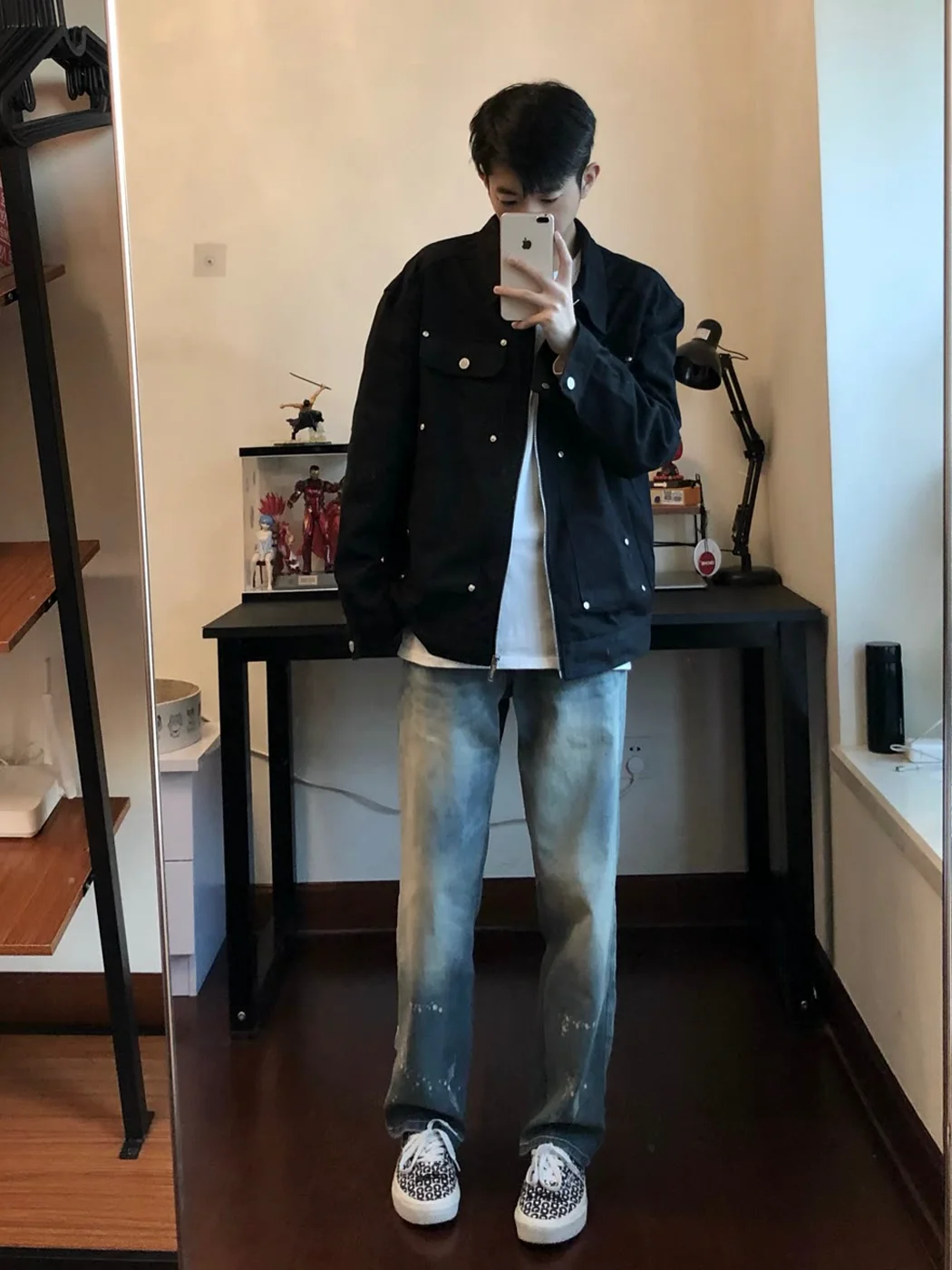 

Bla Loose Men's Denim Jaet Spring Autumn High Street Sle Zipper Workwear Coat with Studs Trendy Brand Youth Faion