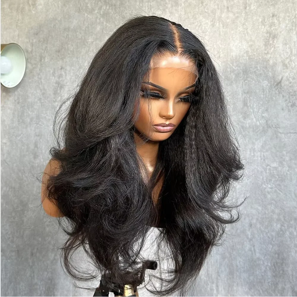 Soft Yaki Body Wave Preplucked Black Color 26Inch 180Density Kinky Straight Wavy Lace Front Wig Synthetic Baby Hair Glueless