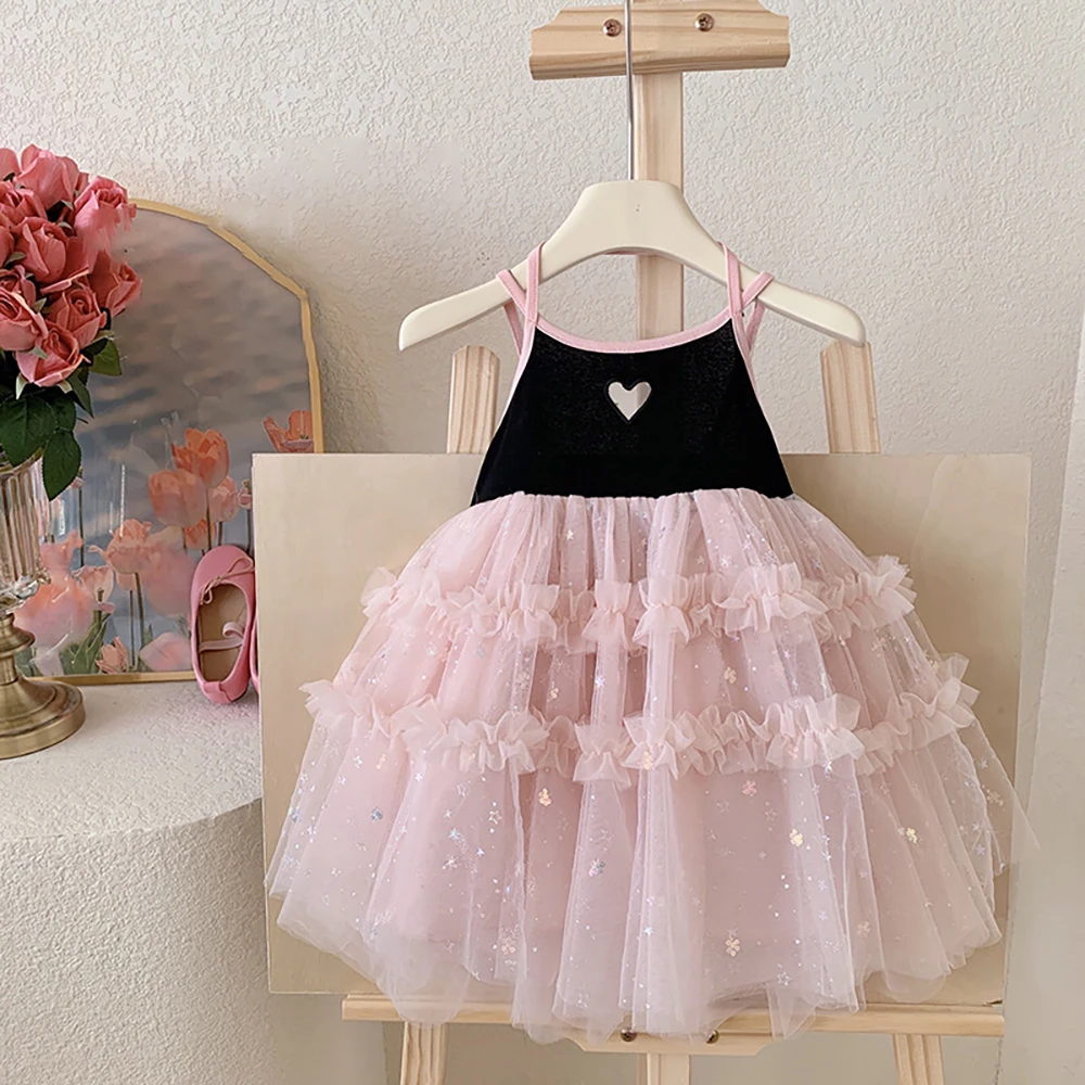 

2026 Новое платье для маленьких девочек, бархатное платье принцессы с сердечками, розовое тюлевое платье с рюшами для вечеринки, дня рождения, свадьбы, 2-8 лет