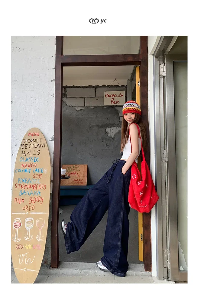 Jeans retrô de cintura baixa com pernas largas, mulheres primavera e verão nova cor sólida estilo fino cordão solto jeans de perna reta