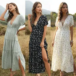 Women's V-neck dress Indian Bohemian style flanged floral dress can be waist slit fashion casual spring and summer dress