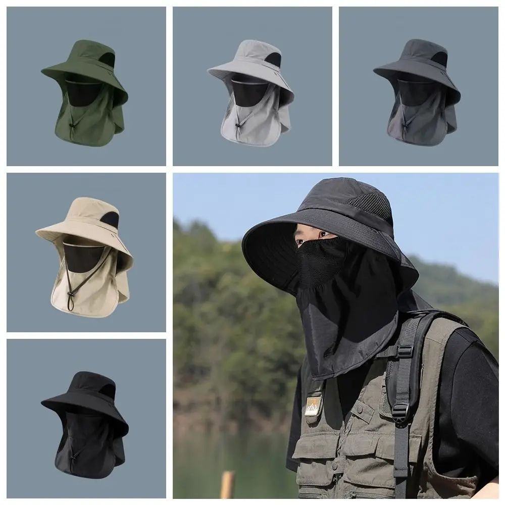

Removable Drawstring Fisherman Hat with Neck Cover Quick-drying Wide Brim Sun Hat Sun Protection With Mask Hiking Hat Travel