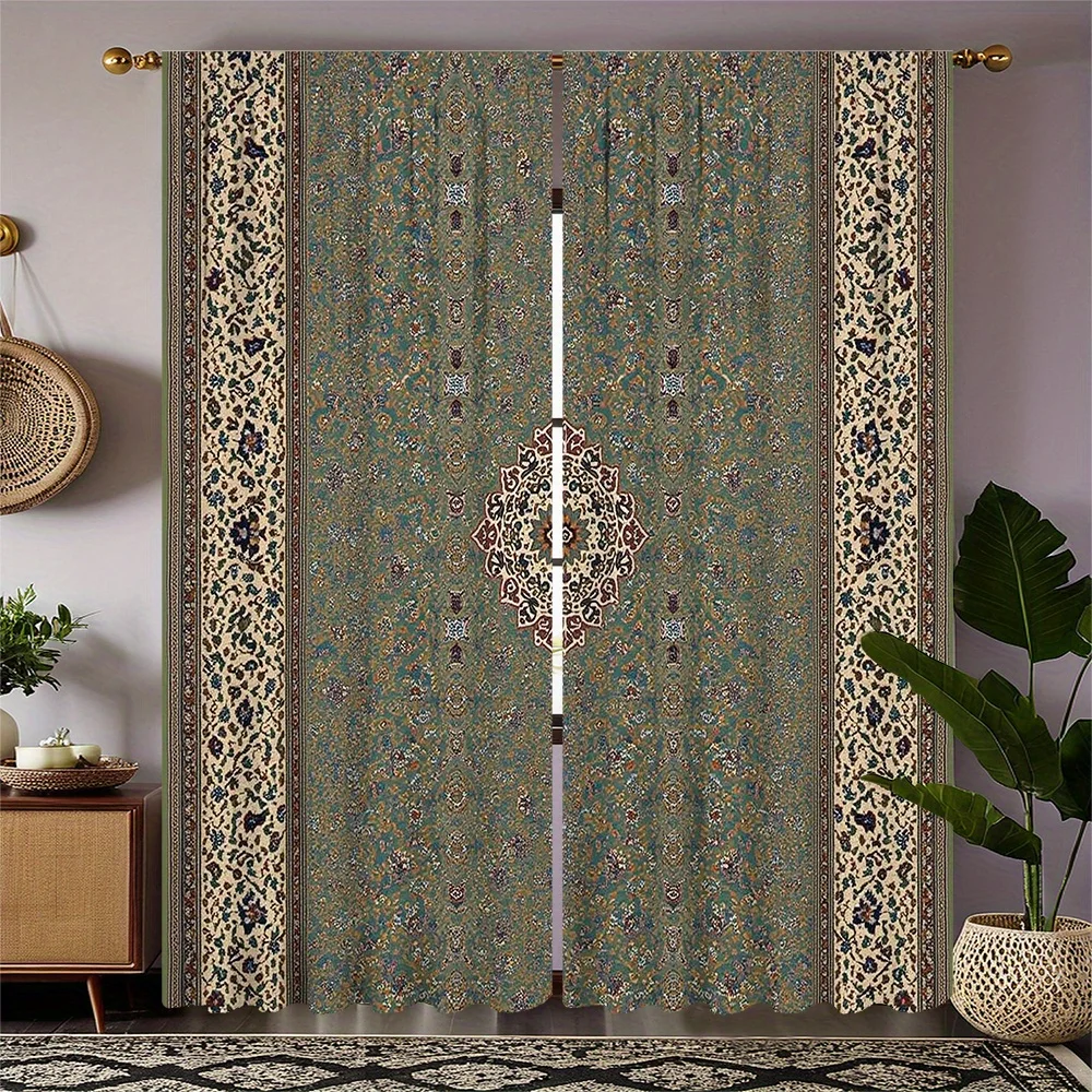 Alfombra persa, cortinas con patrón tradicional, decoración del hogar, sala de estar, dormitorio, tratamiento de ventanas, diseño artístico Oriental Vintage