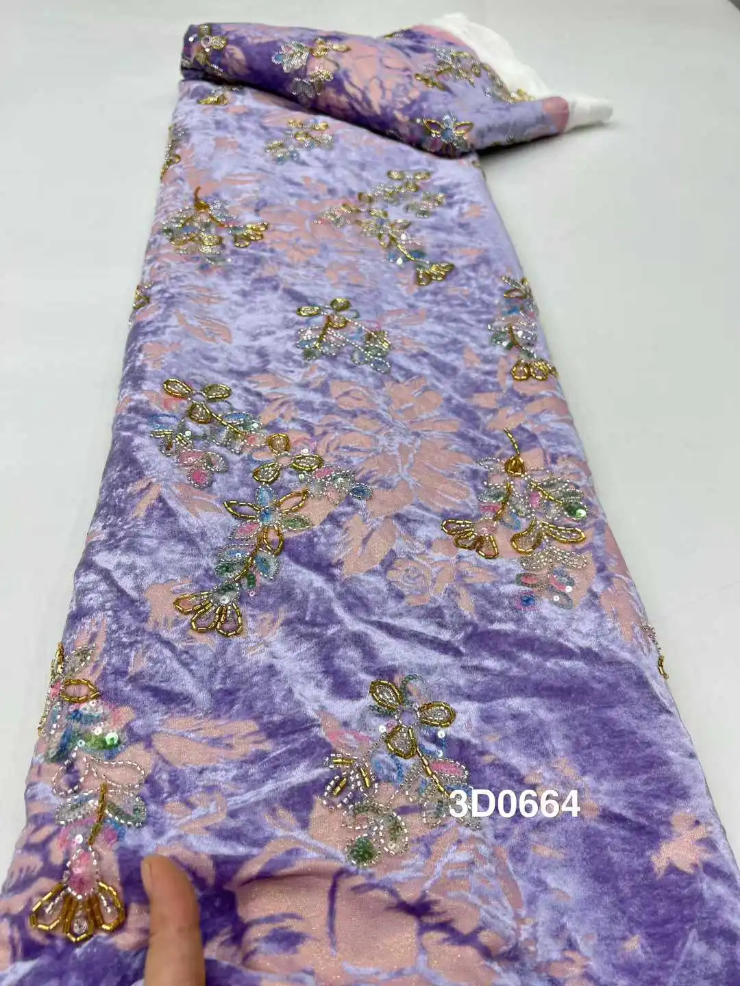 2025 Luxury African Lace Fabric 5 Yards Velvet Lace Beaded Tulle Lace Fabric Embroidered Nigerian Fabric for Wedding Dress Sew