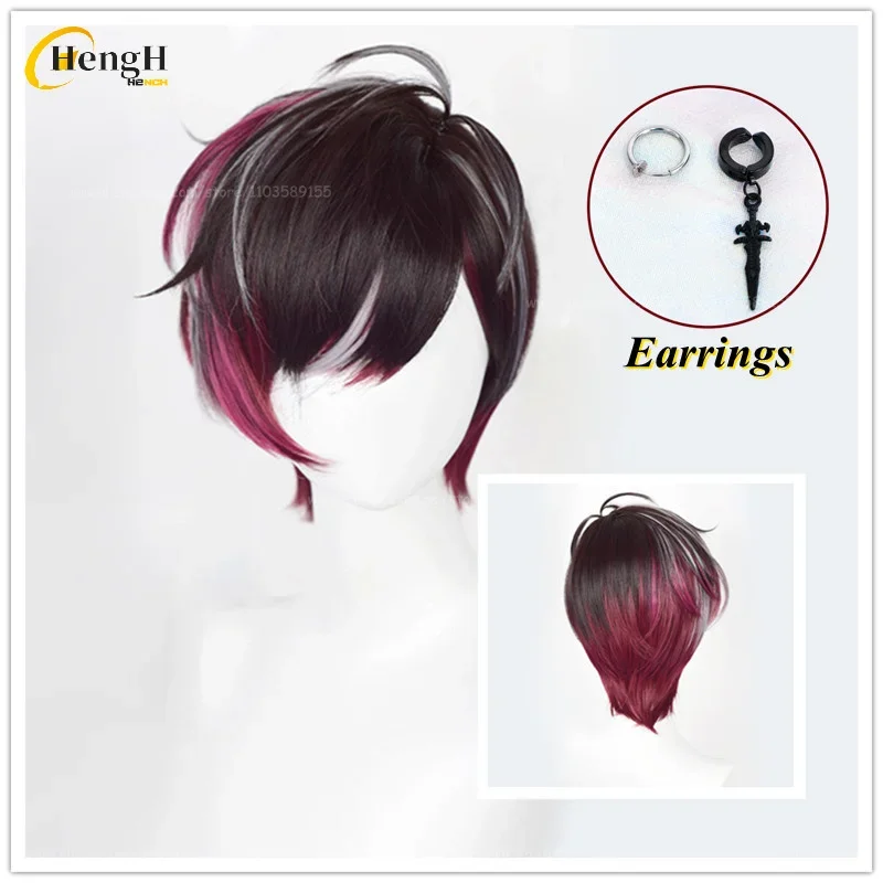 In Stock Anime Synthetic Ver Vermillion Short 30cm Gradient And Earrings Cosplay Anime Wig Heat Resistant Hair Halloween Wigs