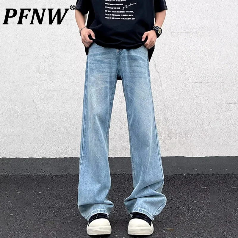 

PFNW Men's Korean Style Washed Trendy Jeans New High Street Handsome Versatile Trousers 2024 Autumn Straight Leg Pants 28W4297