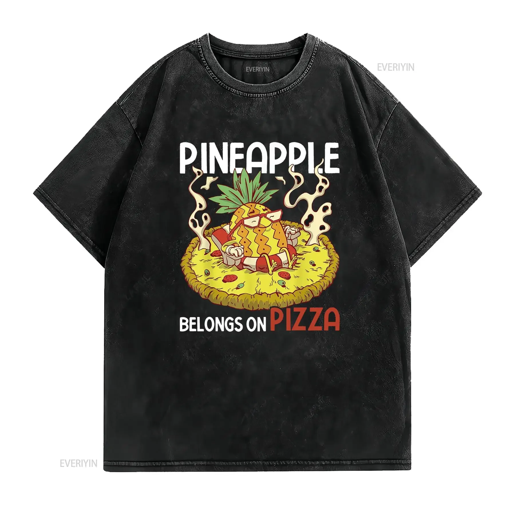 Pineapple belongs to pizza T Shirt vintage Washed Top For Everyday Wear Unisex Versatile Breathable Casual Stylish Comfortable