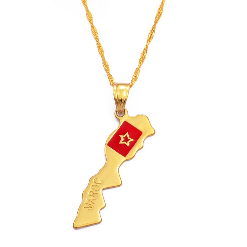 Anniyo The Kingdom of Morocco map pendant necklace women Gold Color Jewelry Le Royaume du Maroc National flag #201310