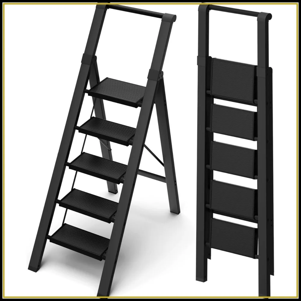 

5 Step Ladder, Lightweight Folding Step Stool with Handgrip, Aluminum 330lbs Capacity for Office, Household, Kitchen (Black)