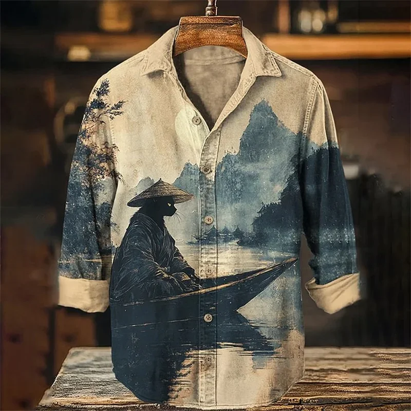 Men's Linen Long Sleeve Shirt HD 3D Alphabet Flower Print Senko Pattern Casual Comfort Top