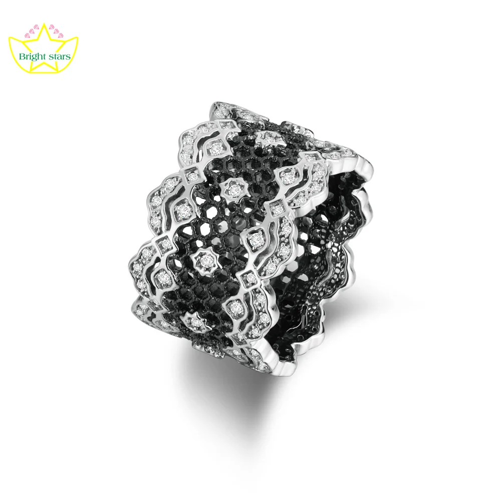 

Bright Stars S925 sterling silver vintage unique design fashionable finger ring Italian black lace openwork rings