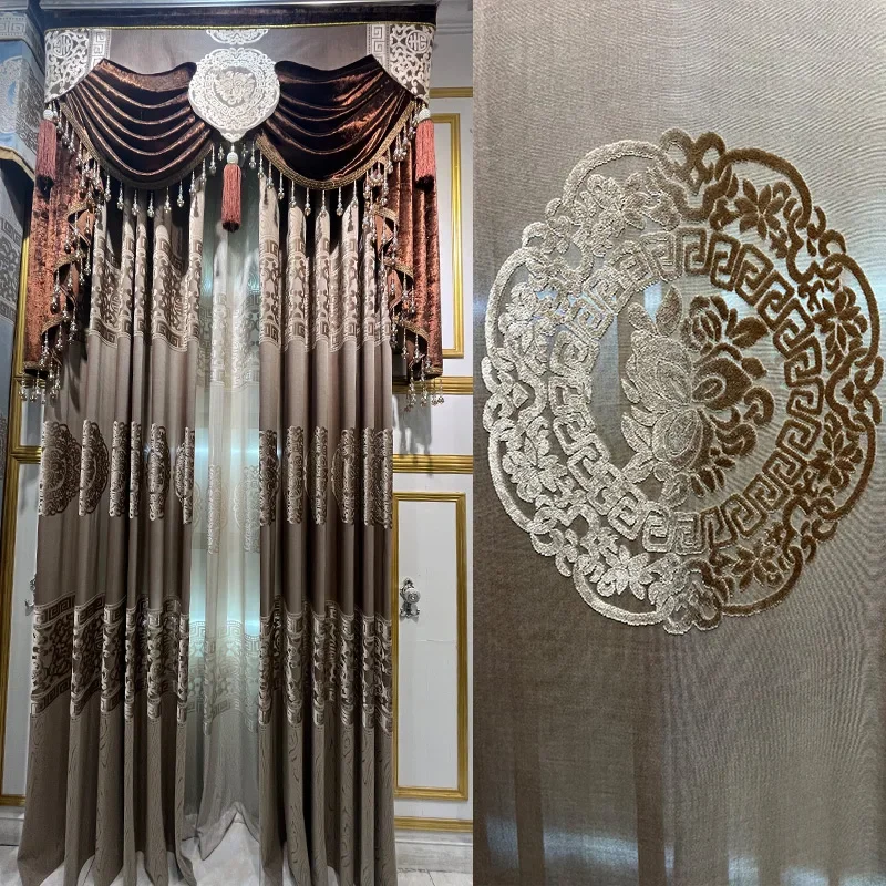 Customized Red Brown Hollow Cut Velvet Embroidered Window Screen Curtains for Living Room Bedroom French Balcony Floating Window