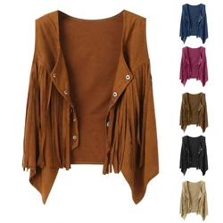 Women Tassels Vest Hippie Button Down Sleeveless Fringe Jackets Outwear Summer Button Open Front Cardigan Streetwear