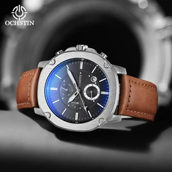 OCHSTIN Mens Watch High Quality Leather Quartz Watch Waterproof Multifunction Chronograph Casual Business Wirstwatch for Men