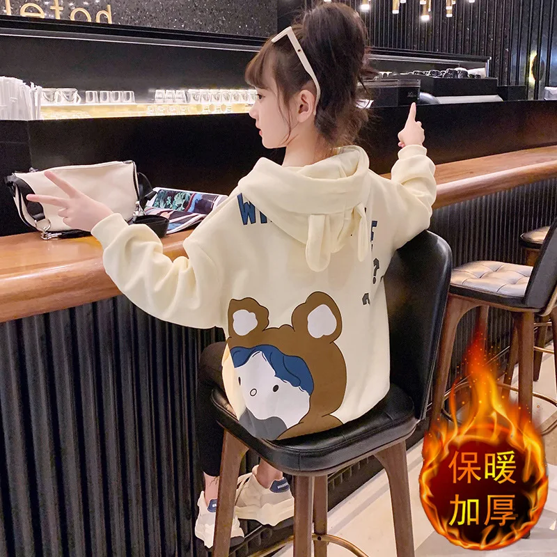 2024 autumn winter Sweatshirt hoodie Kids cartoon teens t shirt dress Child plus Velvet girls clothes fashion 8 9 10 12 year