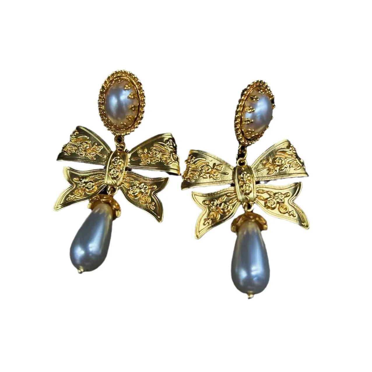 Vintage Bow Flower Stud Earrings Baroque Jewelry Style Imitated Pearl Girls Drop Pendant Earring Costume Accessories