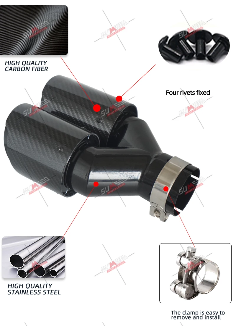 1 Pcs  Glossy Carbon Fiber Black Stainless Exhaust Tips Car Muffler Double Y Pipes For Exhaust Dual Tips Car Accessori