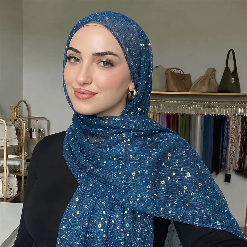 Royal Blue Polyester Iridescent Sequin Hijab Women Sparkly Crinkle Headscarf Shimmer Muslim Wrap Scarf For Wedding Party