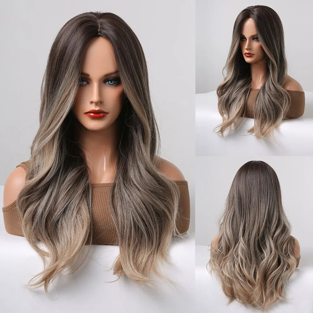 HENRY MARGU Ash Brown Ombre Wavy Wigs Synthetic Long Hair Wig with Bangs Middle Part Dark Roots Women Wig Heat Resistant Fiber