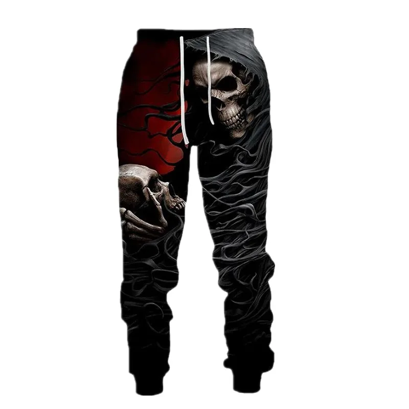 Pantaloni da jogging autunnali alla moda da uomo, pantaloni stampati in 3D stile punk da poker scheletro horror, pantaloni fitness casual da strada neutri Q0162