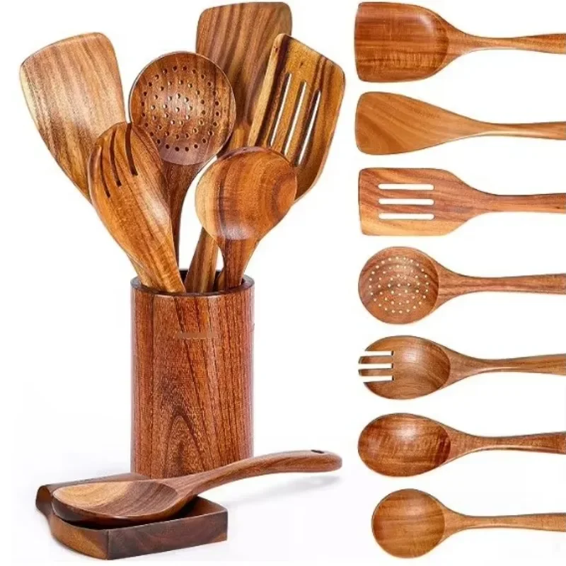 

9 Natural Teak Kitchenware Acacia Shovel and Spoon Set Kitchenware Cooking Tools