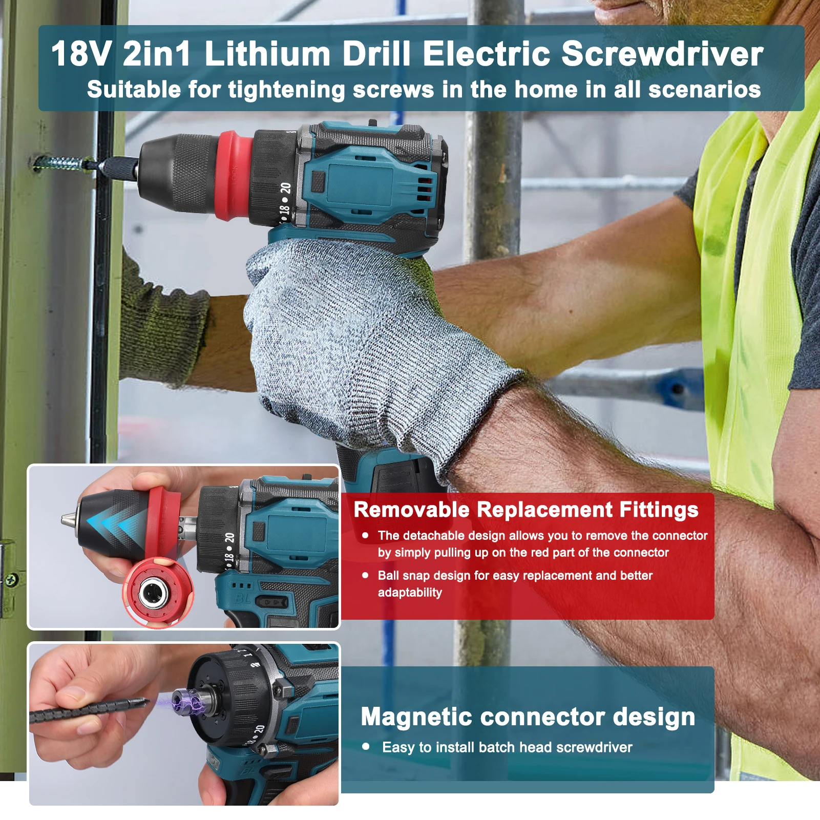21/18/16,8 V 2in1 Elektroschrauber Lithium-Bohrmaschine 45/55 Nm Elektrowerkzeug Bürstenloser Motor Praktischer Schraubendreher für die Reparatur zu Hause – Detail 2