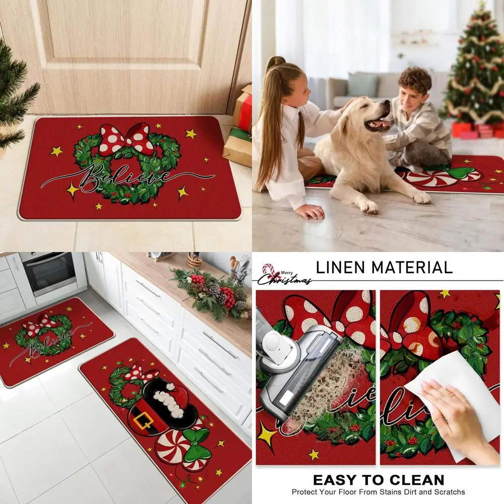 

Set of 2 Christmas Santa Rugs, Red Kitchen Mats, and Winter Holiday Door Mat, 17x29 & 17x47 Inches