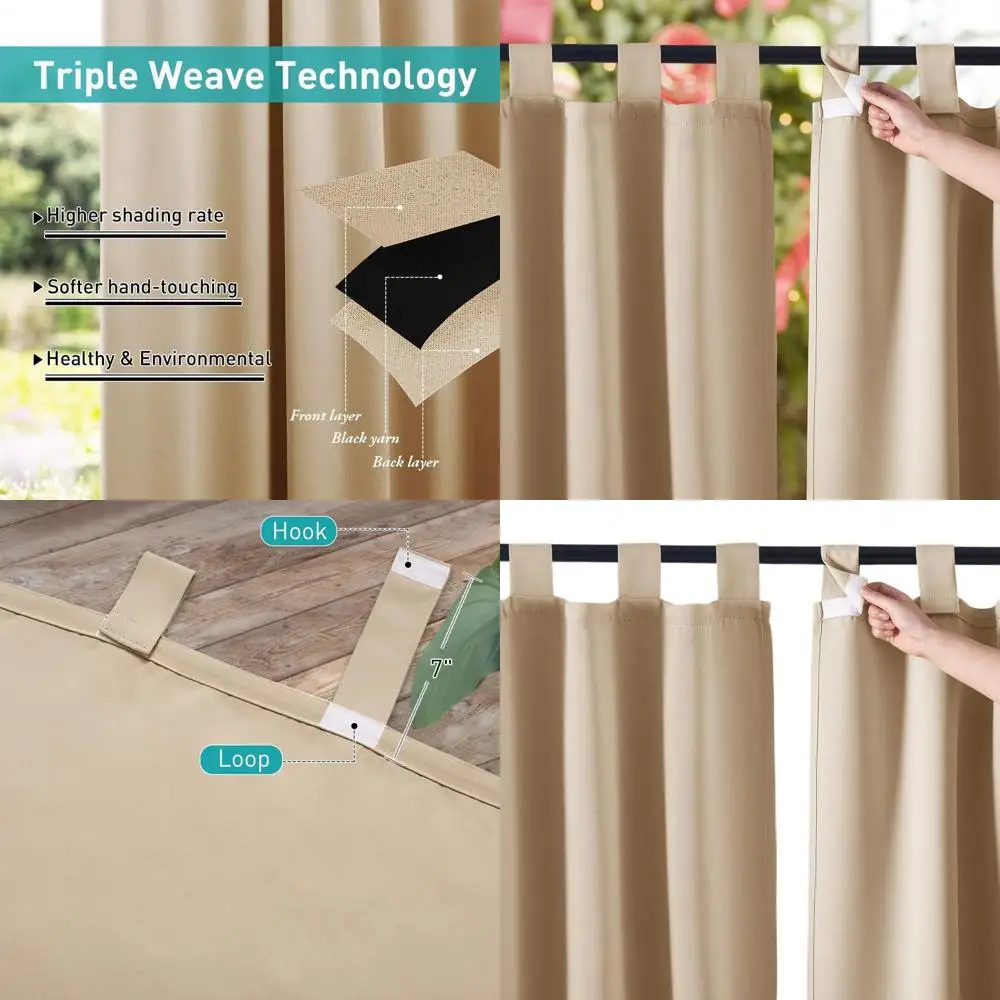 

Waterproof Outdoor Curtains, Detachable Tab Top, Light Blocking Privacy Panels for Patio, 84x84, Biscotti Beige