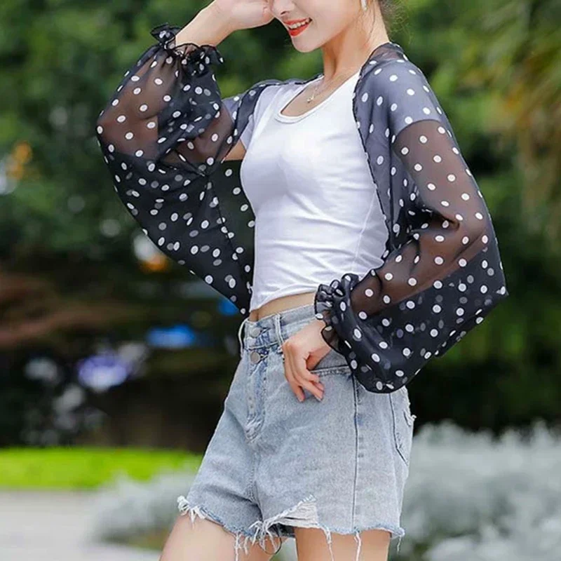 Women Summer Long Sleeve Top Thin Perspective Shawl Shrug Tops Mesh Blouse Female Shirt