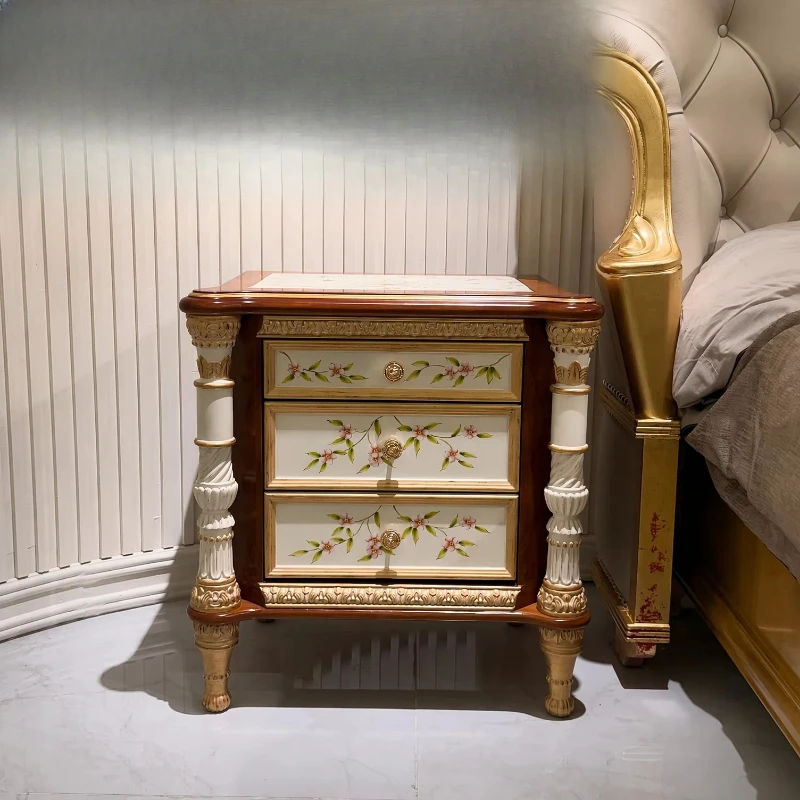 European classical antique style flower hand painted wood carving bedroom furniture French luxury bedside table bedside table