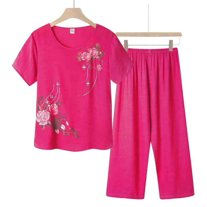 Middle Aged Women Summer Cotton Linen Short Sleeve Two Piece Set Summer Ladies Pajamas Top + Pants Two-Piece Set  Home Service