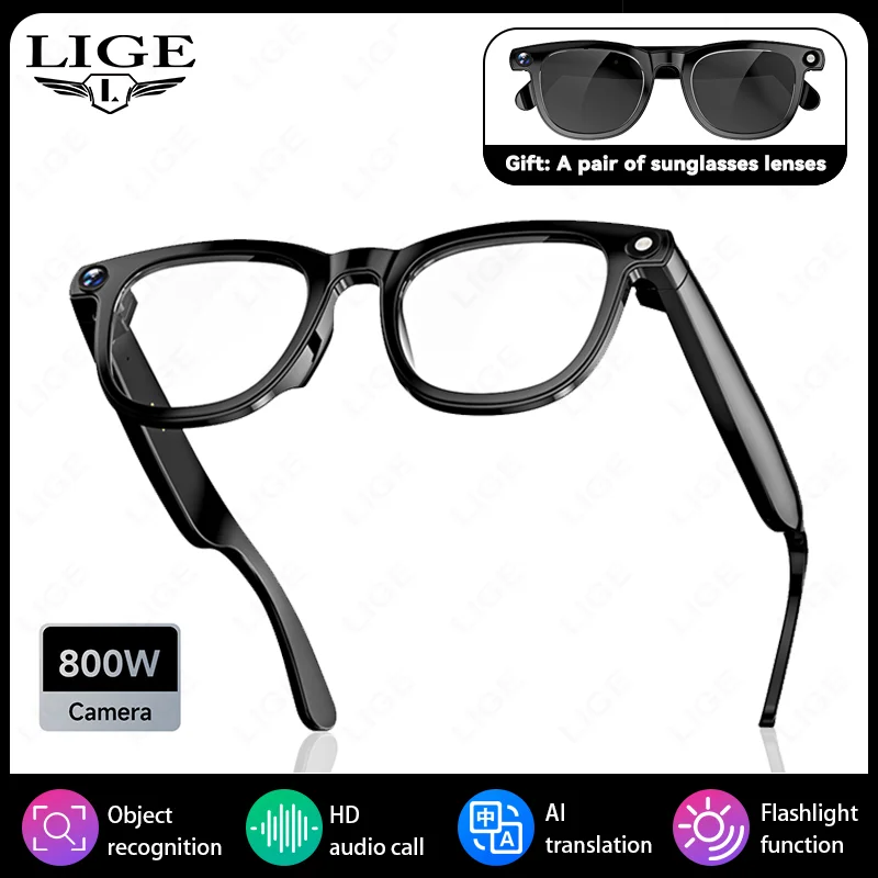 LIGE 8MP Camera AI Translation Smart Glasses 1080P Video Recording Bluetooth Call Voice Assistant 270mAh Battery Sunglasses Gift