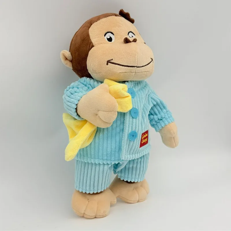 Curious George Plush Monkey Blue Striped Pajamas Stuffed Doll with Mini Yellow Blanket Animal Plush Baby Sleeping Gift