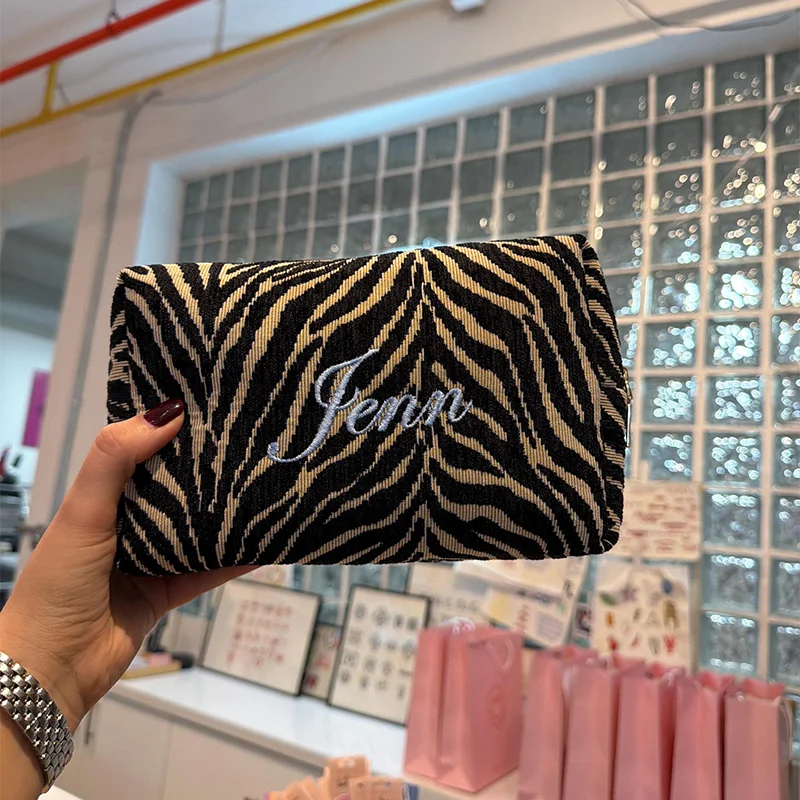 Personalized Zebra Print Cloth Cosmetic Bag Custom Text Makeup Pouch Portable Travel Toiletry Storage Bag for Women Daily Gift