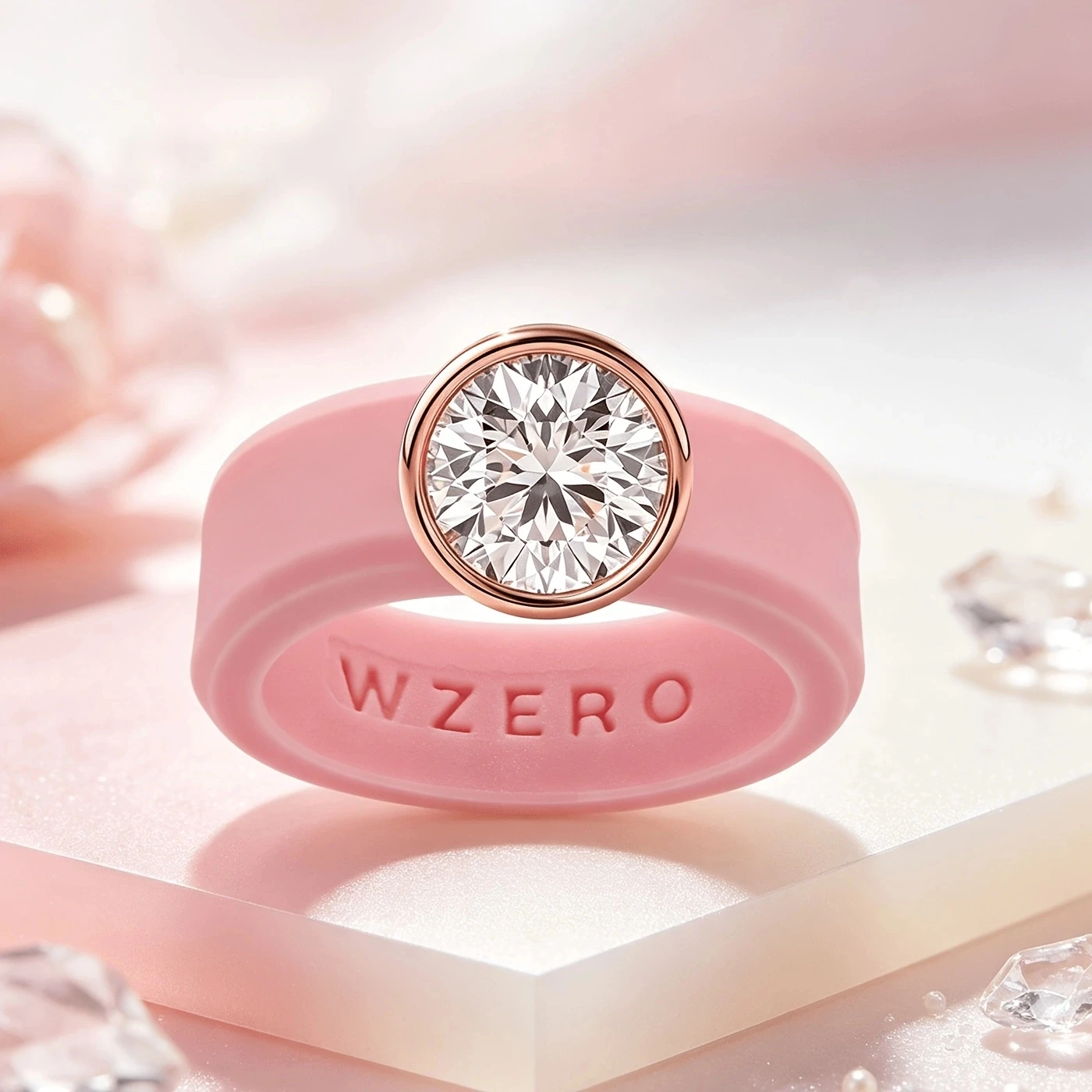 1pc Pink Round Edge Silicone Ring, Set with Sparkling CZ, Low Allergenicity, Suitable for Daily Wear.