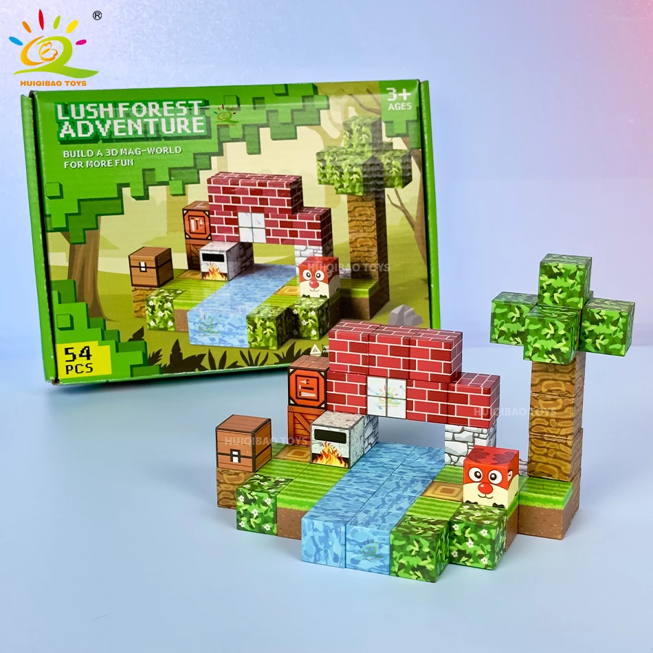 3D Square Jungle Adventure Blocos Magnéticos, DIY Puzzle, Mine World Cube, Magnet World Set, Brinquedo Sensorial Educacional para Crianças, Presente