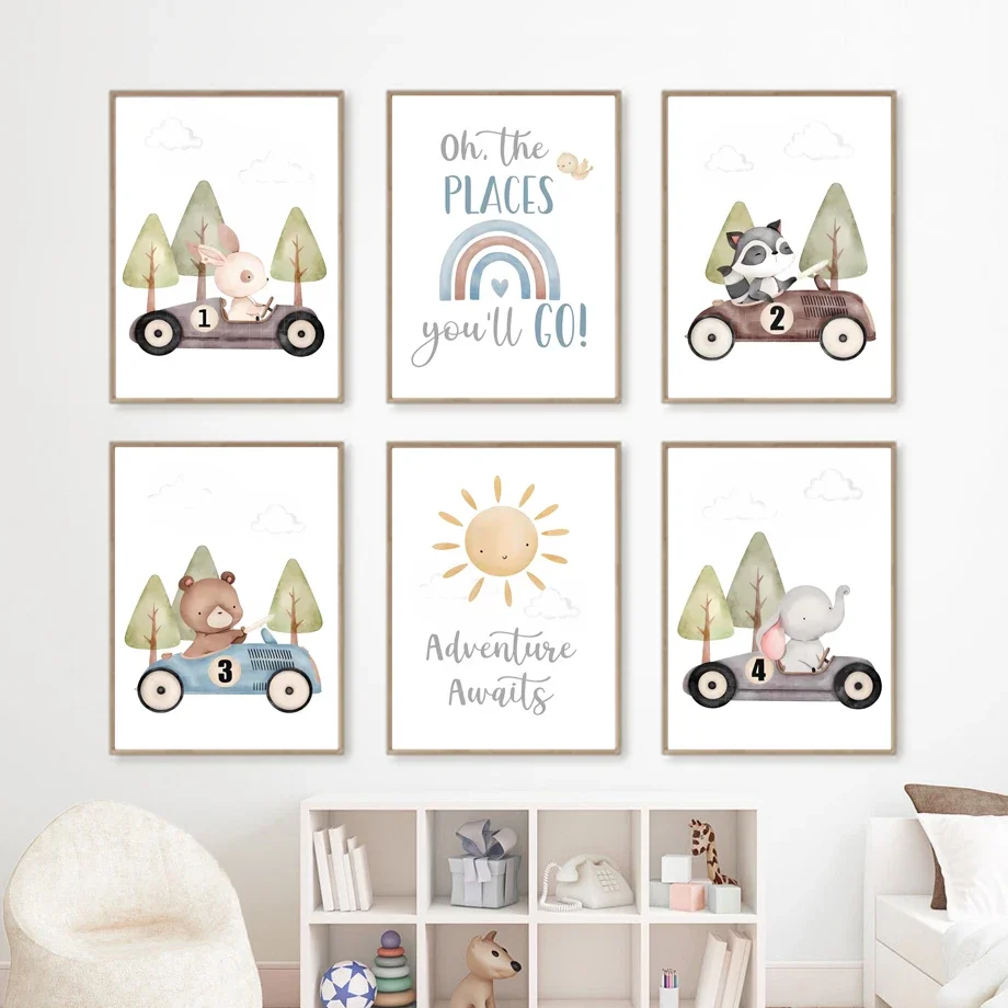 Retro Racing Cars Poster Rabbit Elephant Bear Sun Rainbow Woodland Animal Print Nursery Wall Art Canvas Pictures Kids Room Decor