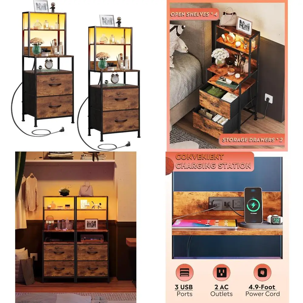 

Charging Station Nightstand Set, 2 Drawers LED Nightstands with 4 Open Shelves, Fabric Dressers for Bedroom Storage