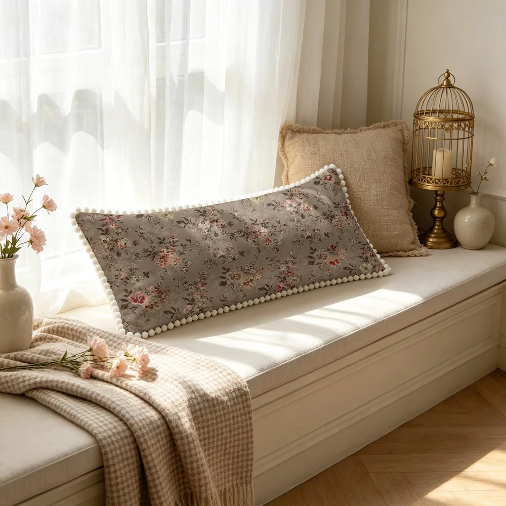 1PC Taupe Background with Vintage Roses and Branches, Distressed American Country Floral Long Pillow Cover with Pom Pom Trim