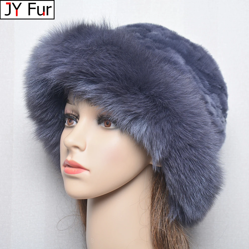 New Style Women Outdoor Winter Warm Natural Fox Fur Hats Lady Knit Fur Cap Female Fashion Knitted Fluffy Real Rex Rabbit Fur Hat