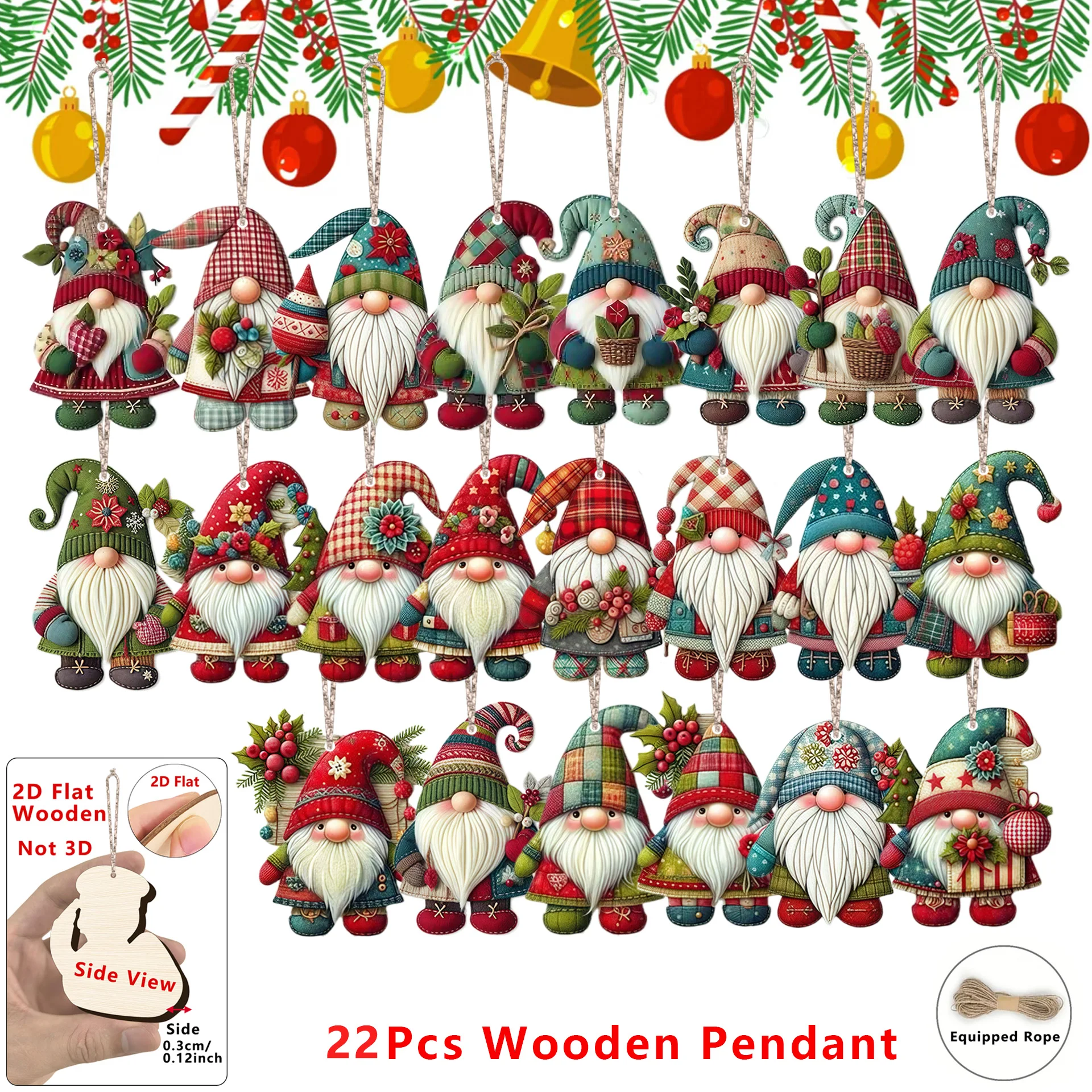 22Pcs Christmas Dwarf 2D Wooden Pendant Xmas Tree Hanging Ornament Navidad Christmas Decoration for Home New Year Party Gifts