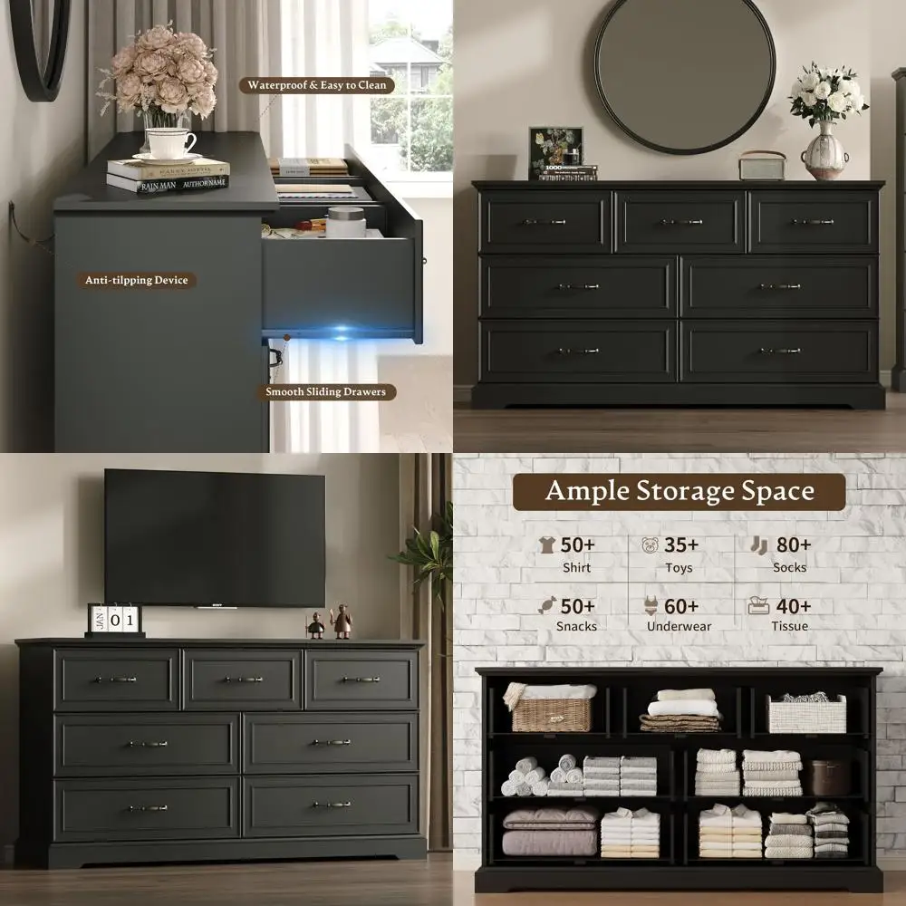 

7 Drawer Dresser and 57 Wide Chest with Deep Drawers and Bar Handles, Rustic Wood TV Stand, Wooden Storage Organizer for Living