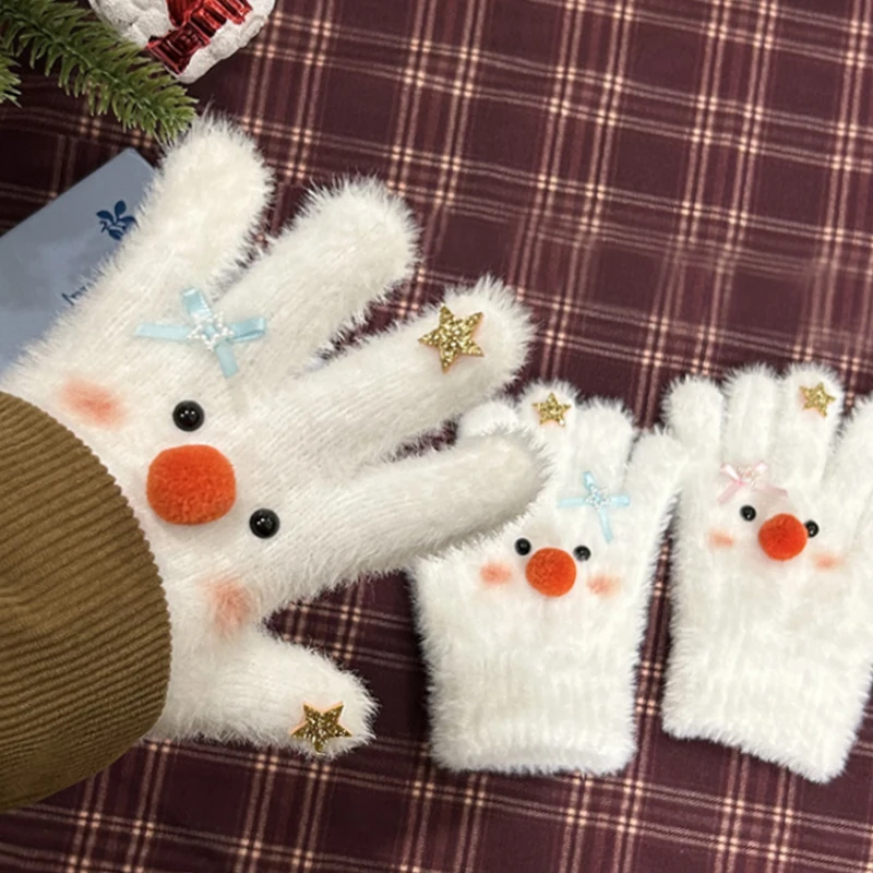 

Милые перчатки-снеговики с сенсорным экраном для женщин, зимние теплые пушистые перчатки-митенки со звездами, средней толщины, тонкие
