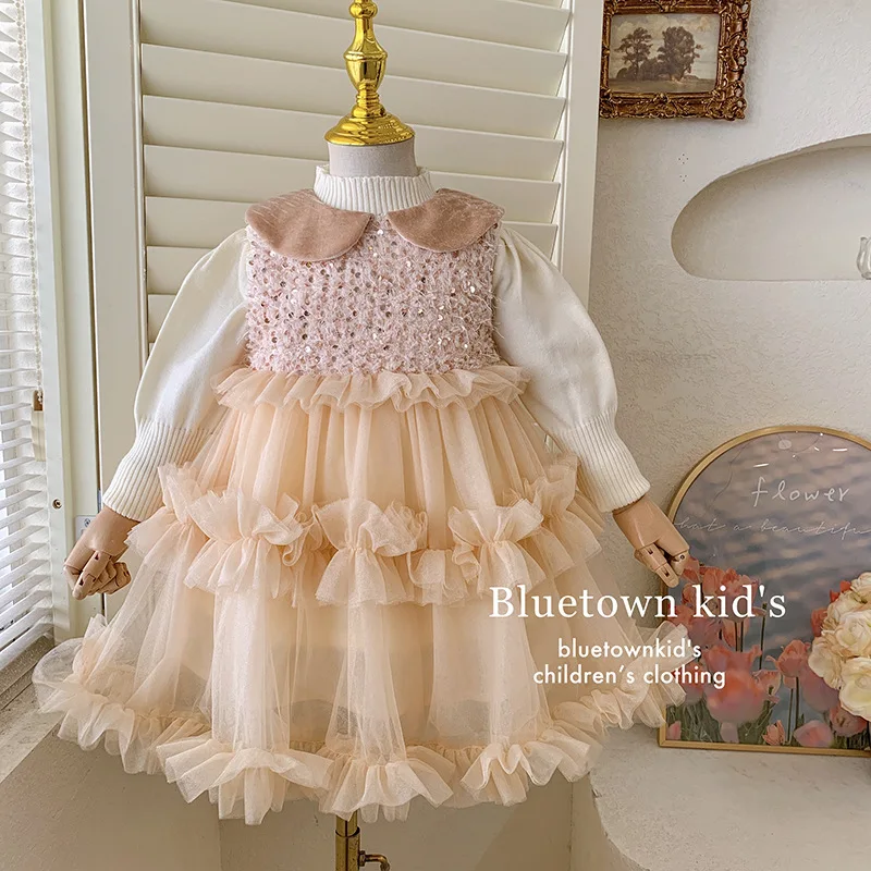 Girls Dress Set Korean Girls Winter Sleeveless Peter Pan Collar Vest Dress Velvet Cake Dress Without Velvet Knit Top Set