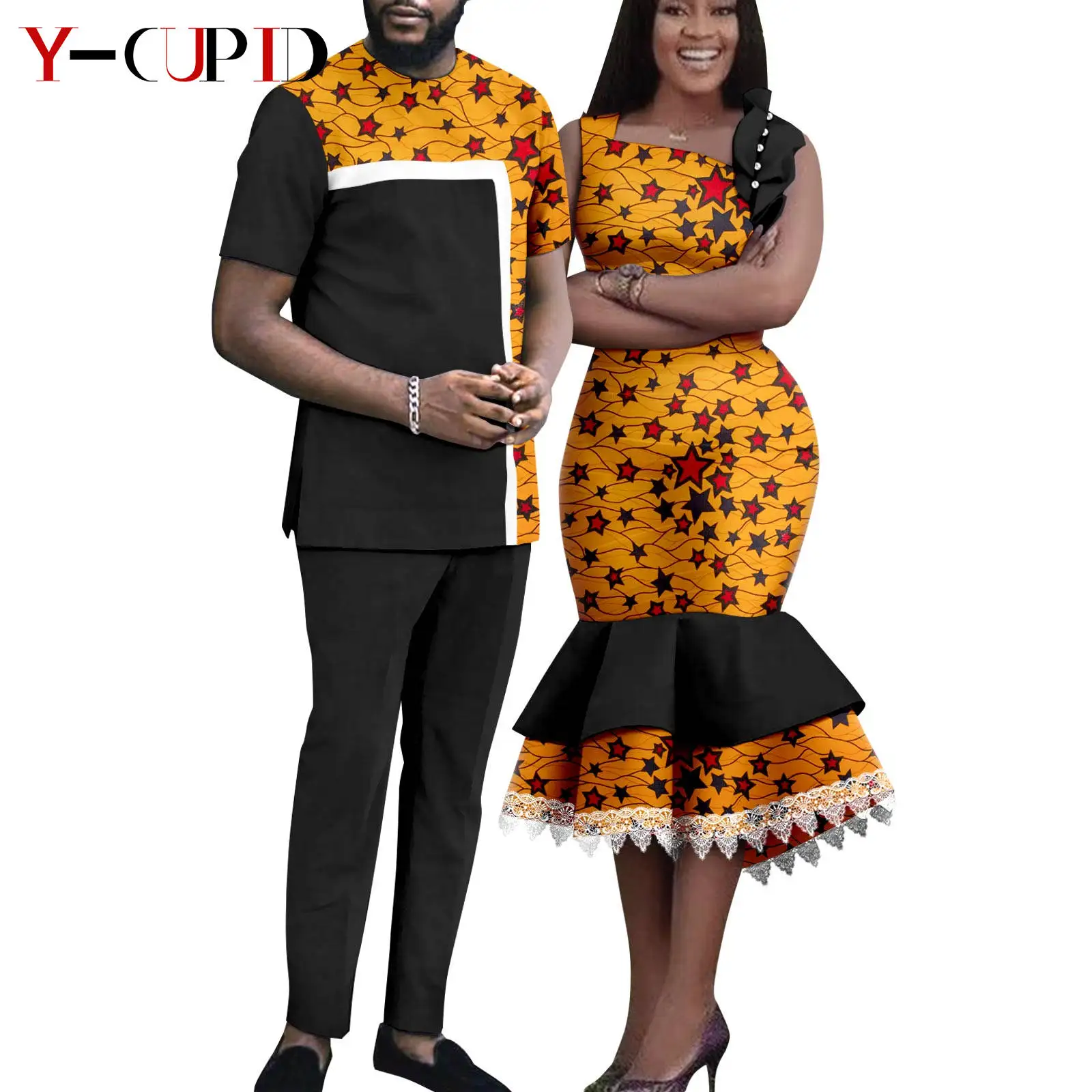 African Matching Outfit for Couples Dashiki Summer Women Ruffles Dresses Bazin Riche Men Patchwork Top and Pant Sets Y23C055