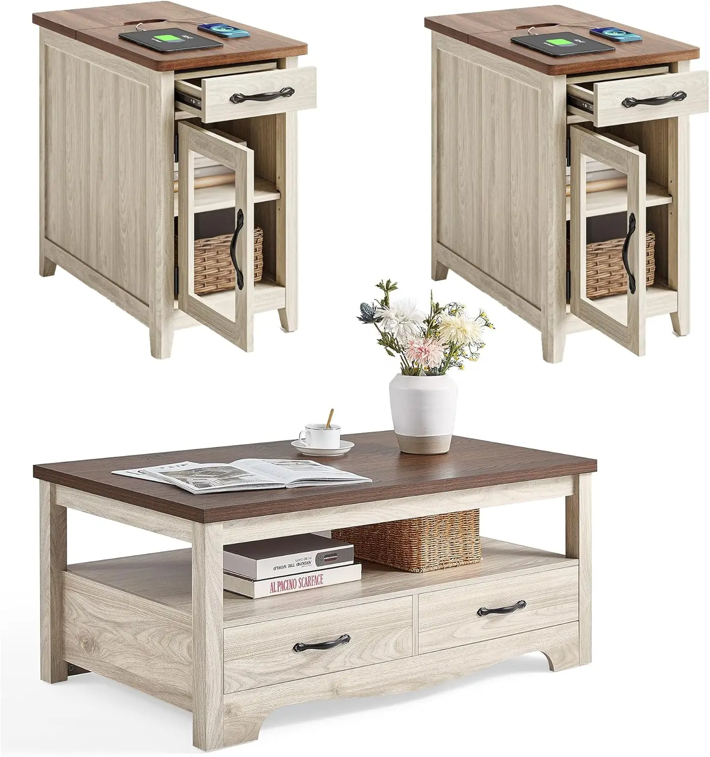 

Farmhouse Coffee Table Sets 3 Pieces, Wood Living Room Table Set Include 41" , End Table Set of 2